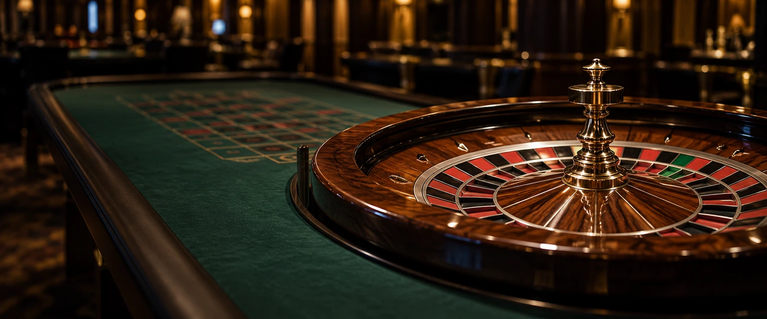 Mesa de ruleta de madera y paño verde en una sala de casino